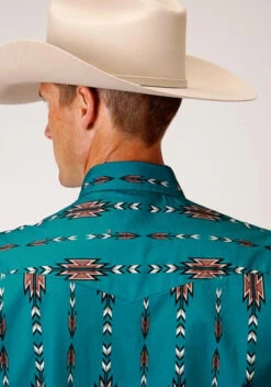 Men's Roper Teal Aztec Stripe L/S Shirt -Boutique Western Clothing Store 0300104850325c 95392.1680315250