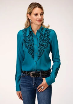 Roper Teal Rayon Challis L/S Embroidered Shirt