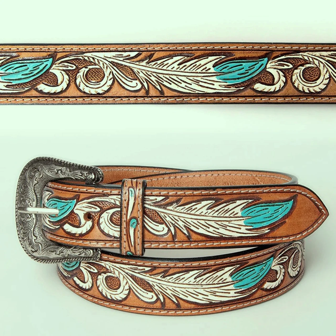 American Darling Hand Tooled Turquoise Floral Leather Belt 1 American Darling Hand Tooled Turquoise Floral Leather Belt