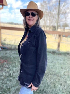 Distressed Black Denim Long Sleeve Shirt -Boutique Western Clothing Store BlackDen1 41719.1672253023