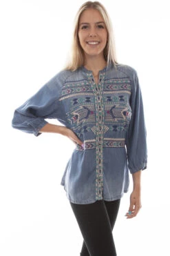 Honey Creek Denim Aztec Embroidered Tencil Blouse