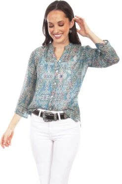 Honey Creek Turquoise Button Up Print Blouse