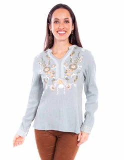 Honey Creek Embroidered Sage Pullover Blouse