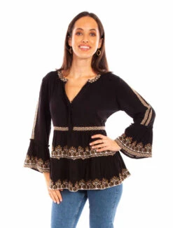 Honey Creek Black Embroidered Pullover Ruffle Blouse