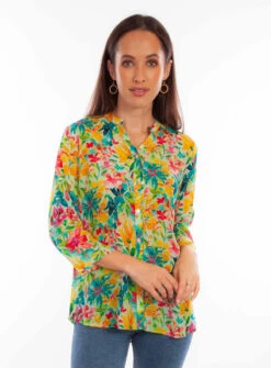 Honey Creek Tropical Print Button Up Blouse
