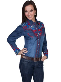Scully Denim Colored Floral Embroidered Western Shirt