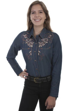 Scully Denim Colored Longhorn/Roses Embroidered Shirt