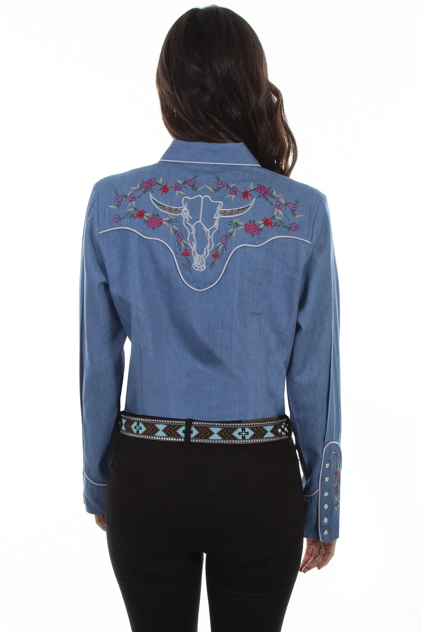 Scully Ladies Denim Longhorn& Roses Embroidered Shirt 2 Scully Ladies Denim Longhorn& Roses Embroidered Shirt - Image 2