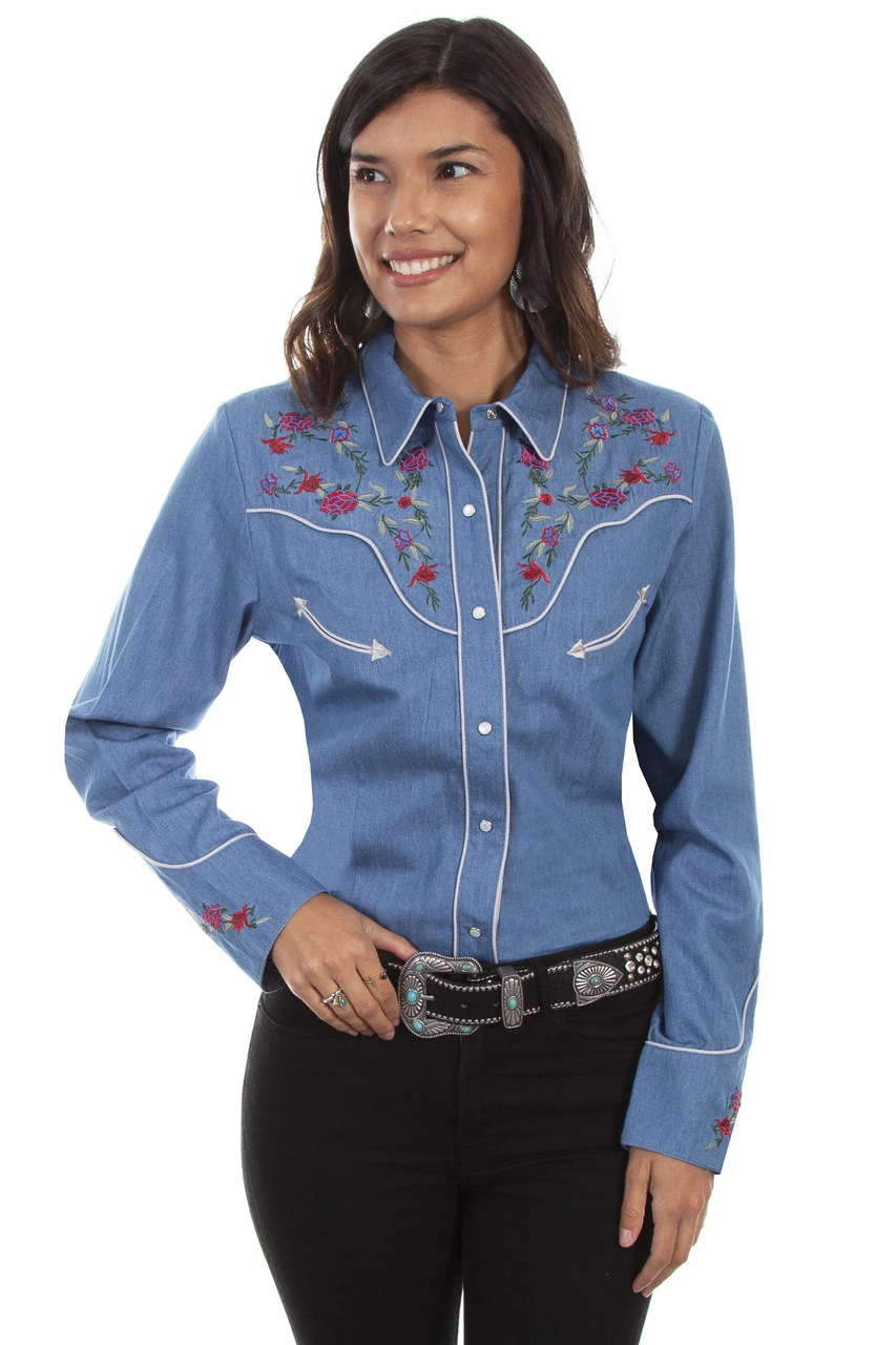 Scully Ladies Denim Longhorn& Roses Embroidered Shirt 1 Scully Ladies Denim Longhorn& Roses Embroidered Shirt