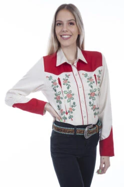 Scully Rose Embroidered Shirt With Red Yokes
