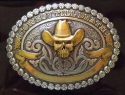 Crumrine Cowboy Till Death Skull Belt Buckle